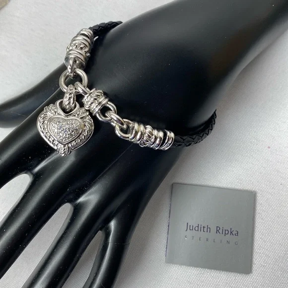 Judith Ripka braided leather cord heart bracelet, sterling silver - Picture 1 of 5
